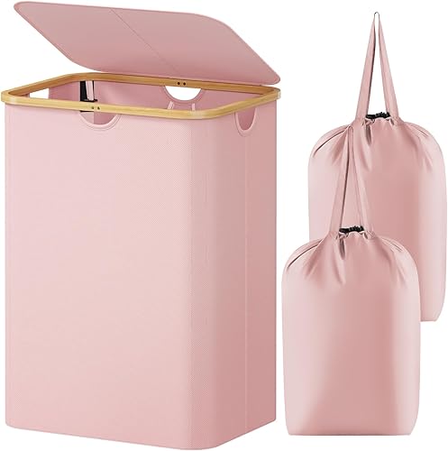 Vista 35 de Lifewit - Cesta para ropa sucia de 100L con tapa, cestas para ropa con asas de bambú y una bolsa extraíble, cesta grande plegable para ropa sucia