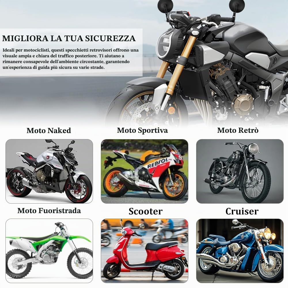 2 Pz Specchietti Moto E24 Omologati Specchietto Laterali Moto Specchietto Retrovisore Manubrio 22-25mm Rotondi Specchie tti Mot o Manubrio Girevole a 360° per Motocicli, Scooter, ATV, Cruiser