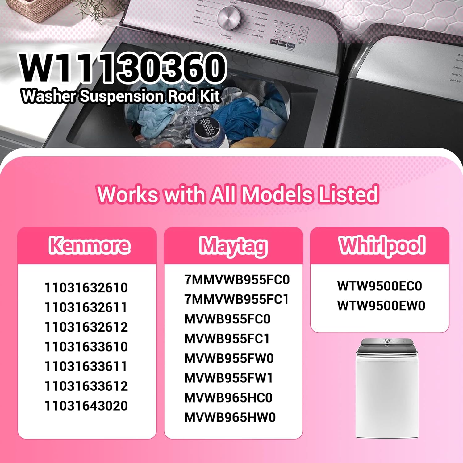 Upgrade (2026) W11130360 Washer Suspension Rod Kit 4pcs Compatible with Whirlpool Maytag Kenmore Washer, Replacement Part W10683562 W10859079 W10901041 W11033800 4843104 AP6262442 PS12347545