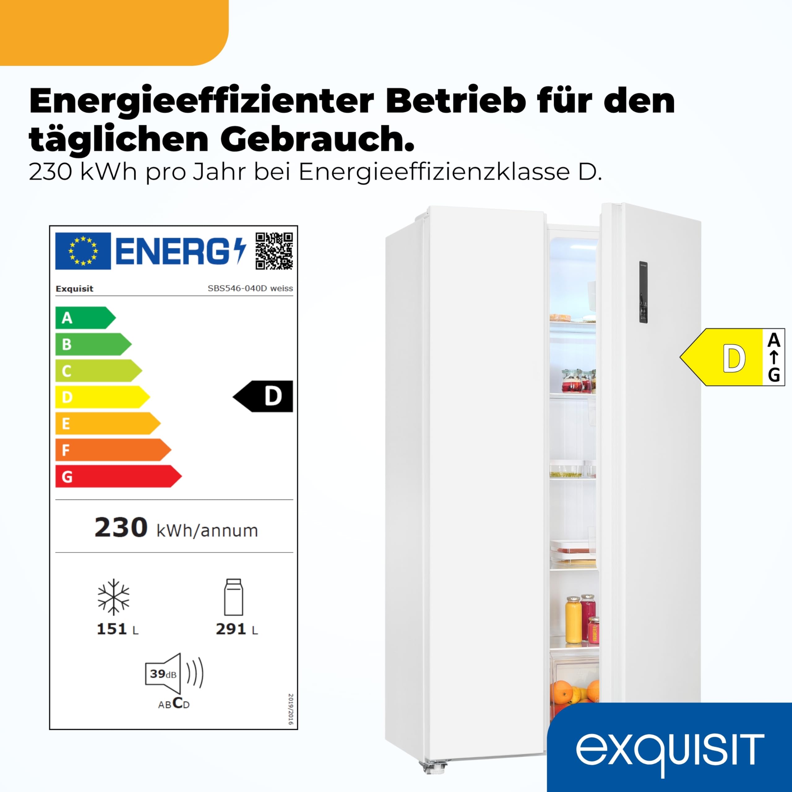 Exquisit SBS546-040D Side-by-Side Kühlschrank, 442 L, No Frost, Weiss | Freistehende Kühl-Gefrierkombination mit Energieklasse D, 39 dB leisem Betrieb, Schnellgefrierfunktion und LED-Display