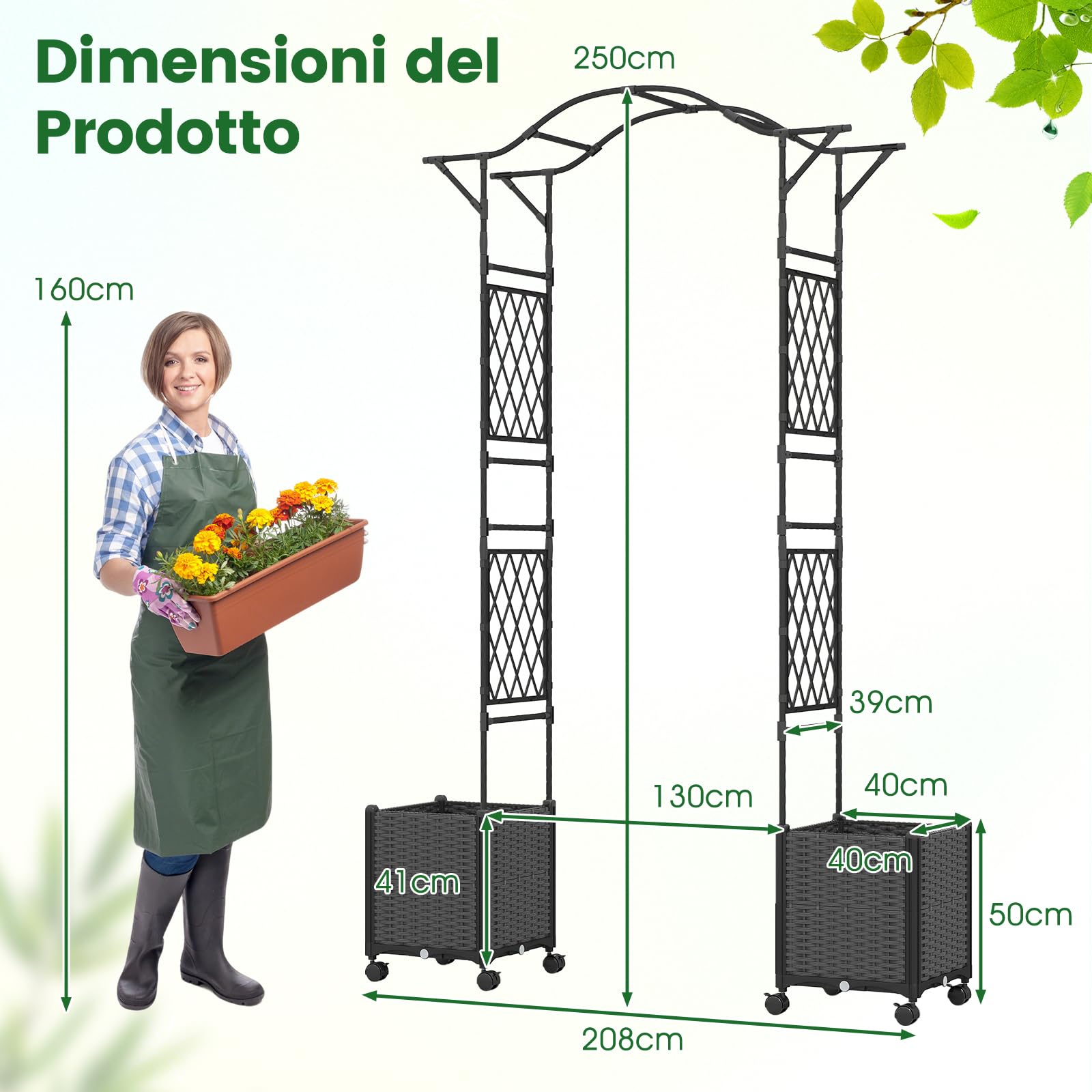 COSTWAY Arco da Giardino con 2 Fioriere Auto-irriganti e Ruote, Supporto per Piante in Metallo Rivestita PE Antiruggine, Grande Arco per Viti e Rose da Matrimonio all'Aperto (Grigio)