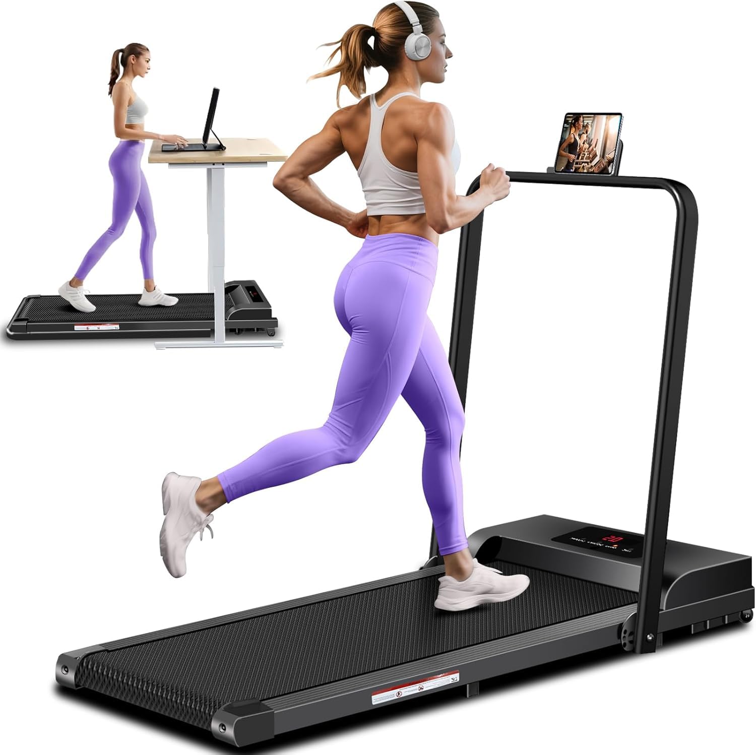 Under Desk Walking Pad Treadmill With Handle Bar | 2.0 HP | LED Display | Remote Control | 1-10 KmH Speed |Slim Folding Portable Walking Running Machine Treadmill For Home Gym Office Workout
