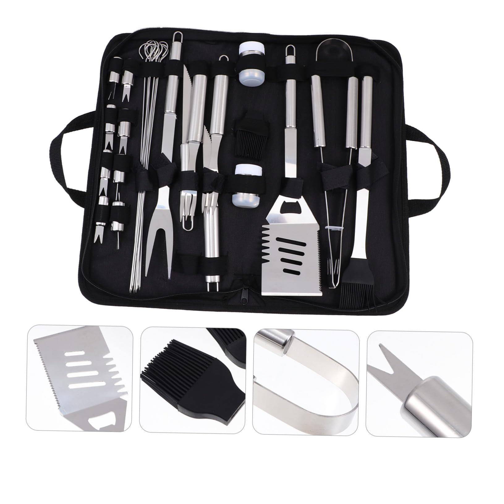 Utensili Barbecue in Metallo Inossidabile Kit Completo per Grigliate all'Esterno con Custodia Portatile Accessori Bbq Resistenti e Facili da Usare per Escursioni e Feste all'Aria