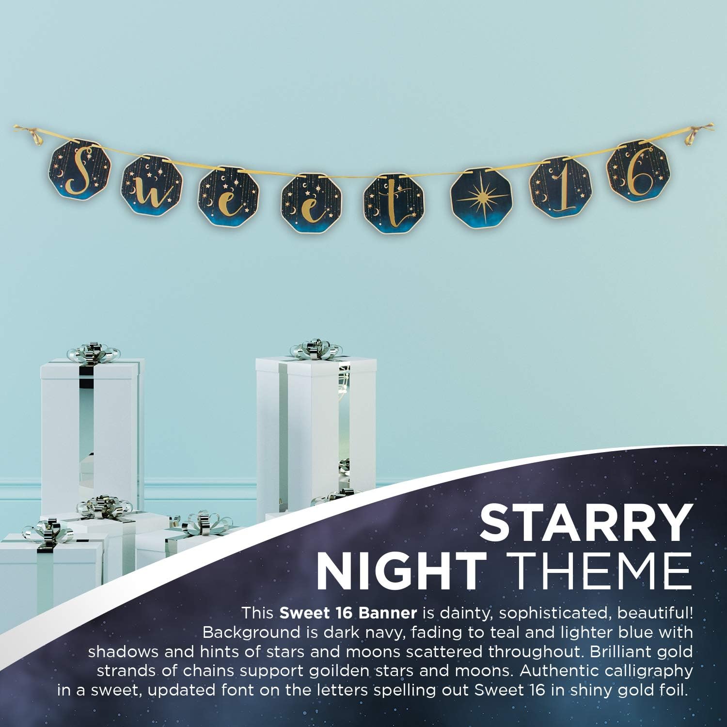 Hottest Sale Starry NightSweet 16 Birthday Ribbon Banner (Gold and Midnight Blue, Foil Prints) Starry Night Party Collection by Havercamp