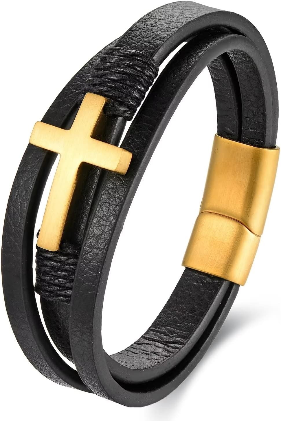 Mens Cross Bracelet, Black Leather Braided Multi-Strand Bangle with Stainless Steel Gold Color Cross, Classic Christian Bracelet for Men