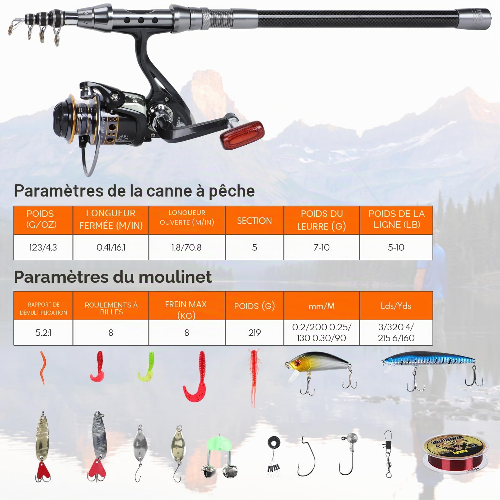 Ensemble Canne à Pêche Télescopique et Moulinet en Métal de 1,8m avec Accessoires Leurres de Pêche et Moulinet, Sac de Transport pour Poisson en Eau Douce ou Eau Salée