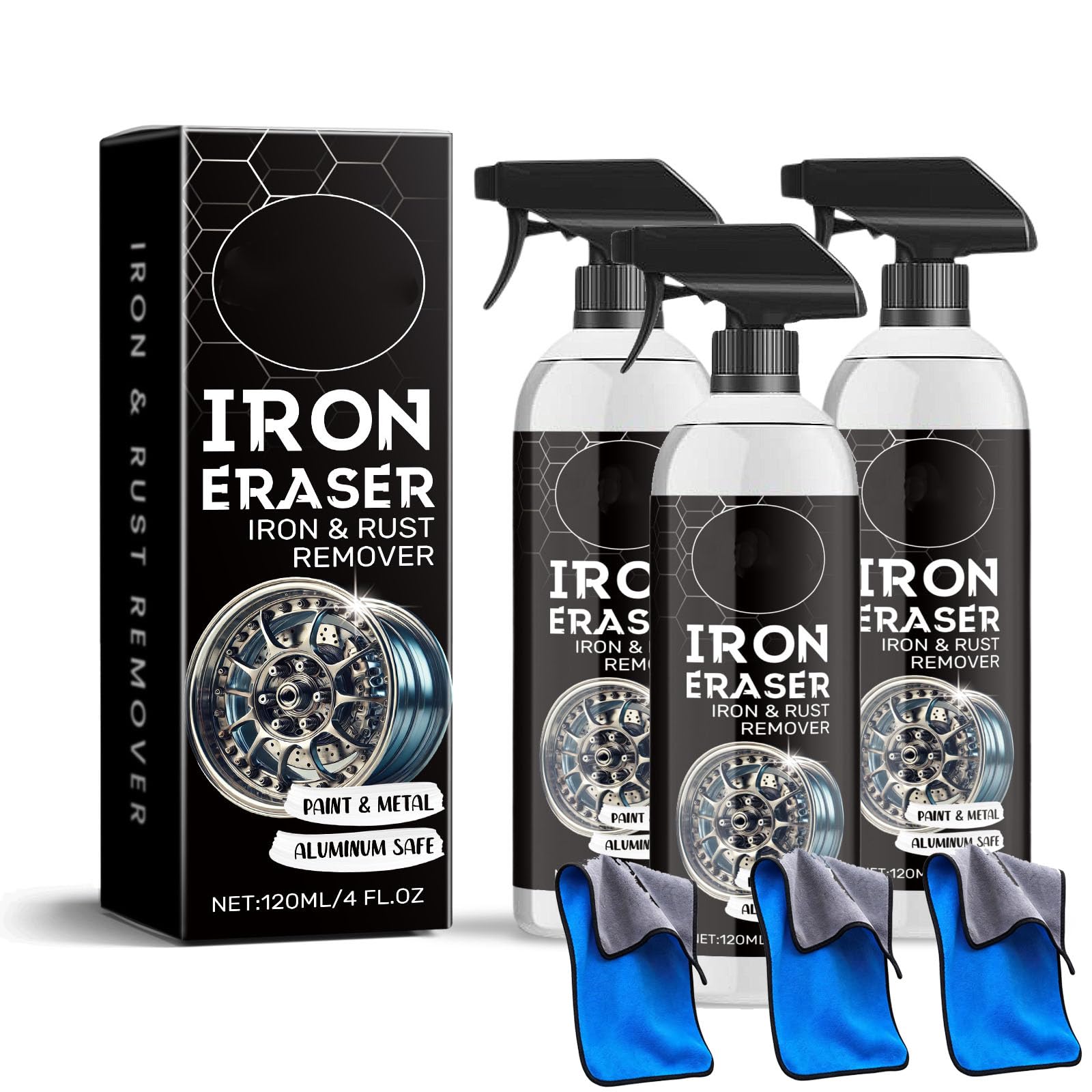 Generico Iron Eraser Spray Rimuovi Ruggine, Spray Rimuovi Polvere di Ferro per Cerchi Auto E Superfici Metalliche, Detergente per Polvere Freni E Cerchi, Spray per Pulizia Auto, 120 Ml (3pcs)