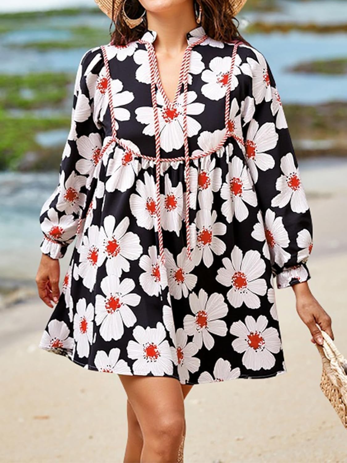 Cicy Bell Womens Floral Mini Dresses 3/4 Balloon Sleeve V Neck Flowy Babydoll Dress Summer Beach Vacation Boho Outfits - Image 4