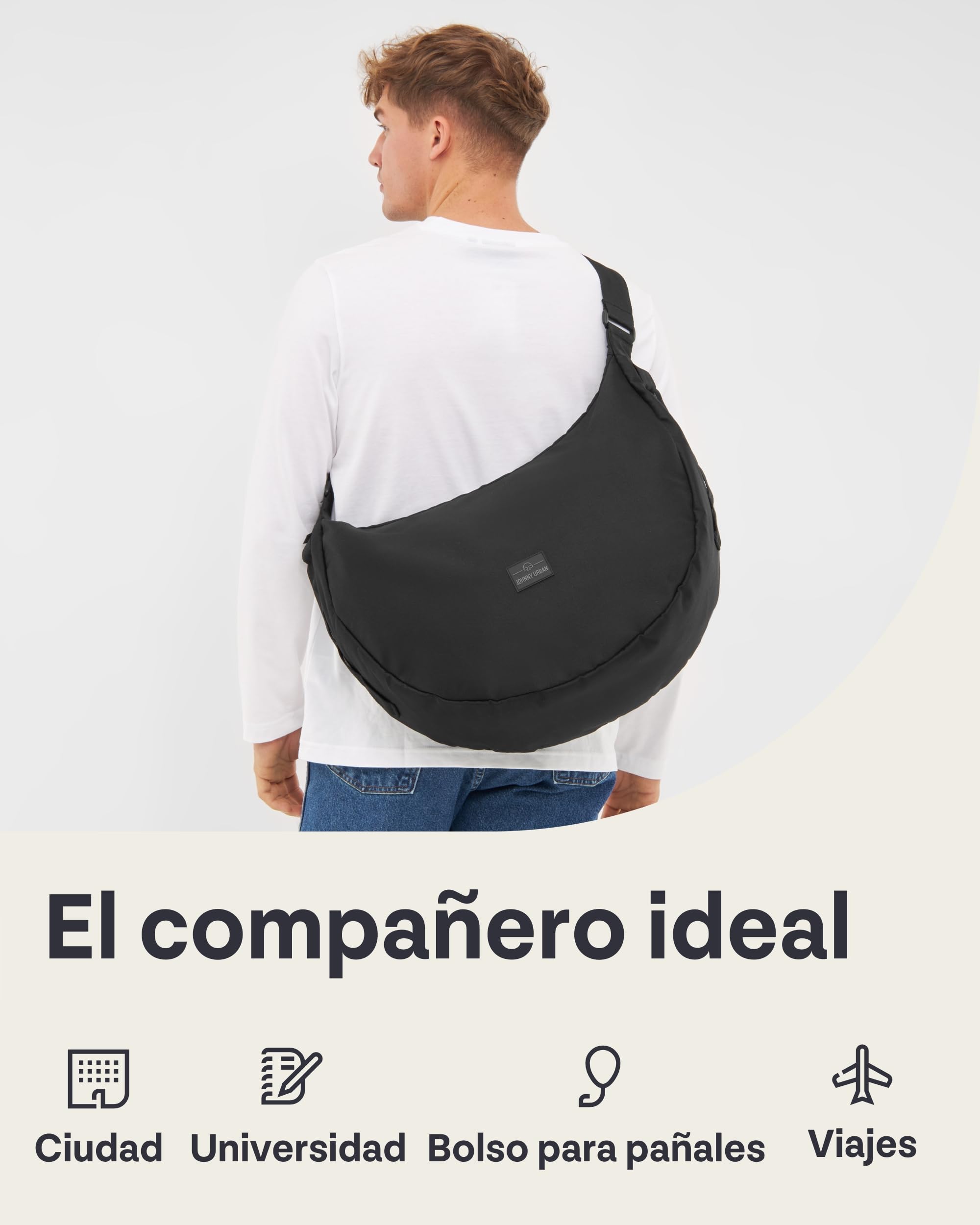 Johnny Urban Bolso Bandolera Mujer Hombres Negro - Ally XL - Half Moon Bag - Bolso Riñonera de Media Luna - Bolsa con Compartimento para Portátil de 16 Pulgadas - Repelente al Agua
