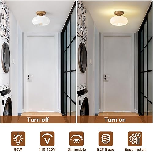 Miniatura 7 de Lámpara de techo semiempotrada moderna de mediados de siglo de madera sintética con pantalla de cristal, lámpara de techo blanca vintage para