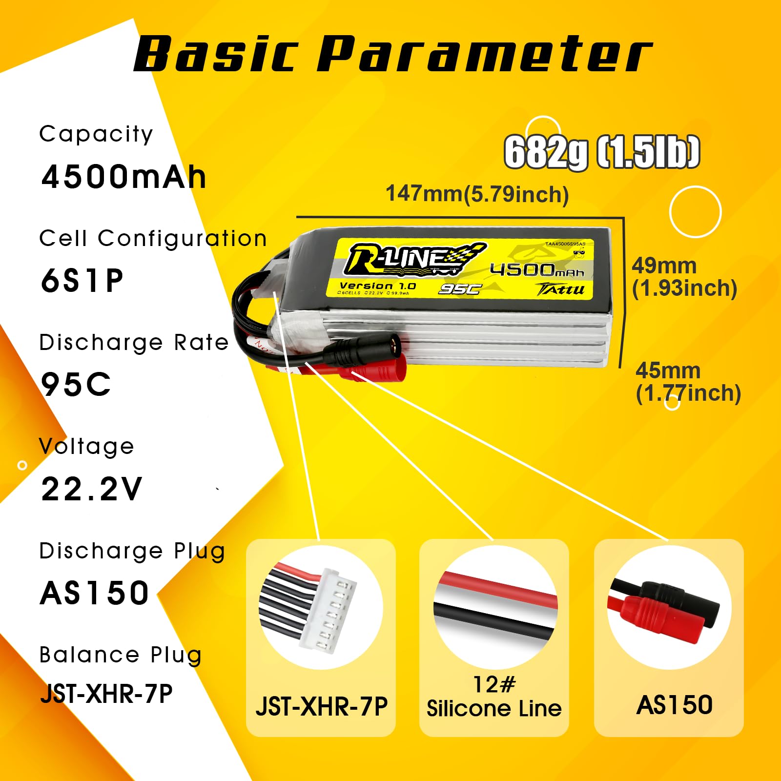 Tattu Lipo 6S RC akumulator 4500 mAh 95C 22,2 V Softcase akumulator z wtyczką AS150 do Plug for FPV Racing Quadcopters UAV, RC Car RC Boat RC Heli Airplane