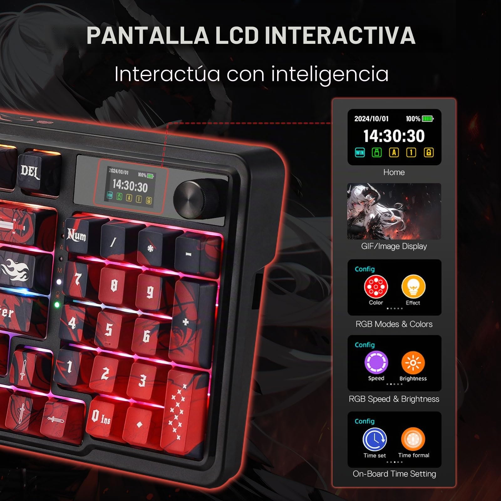 Redragon K719 PRO - Teclado inalámbrico para juegos con pantalla Hype y perilla, teclado mecánico de 95 teclas, pantalla de información TFT de fácil control de 1.14 pulgadas, amortiguación de ruido de