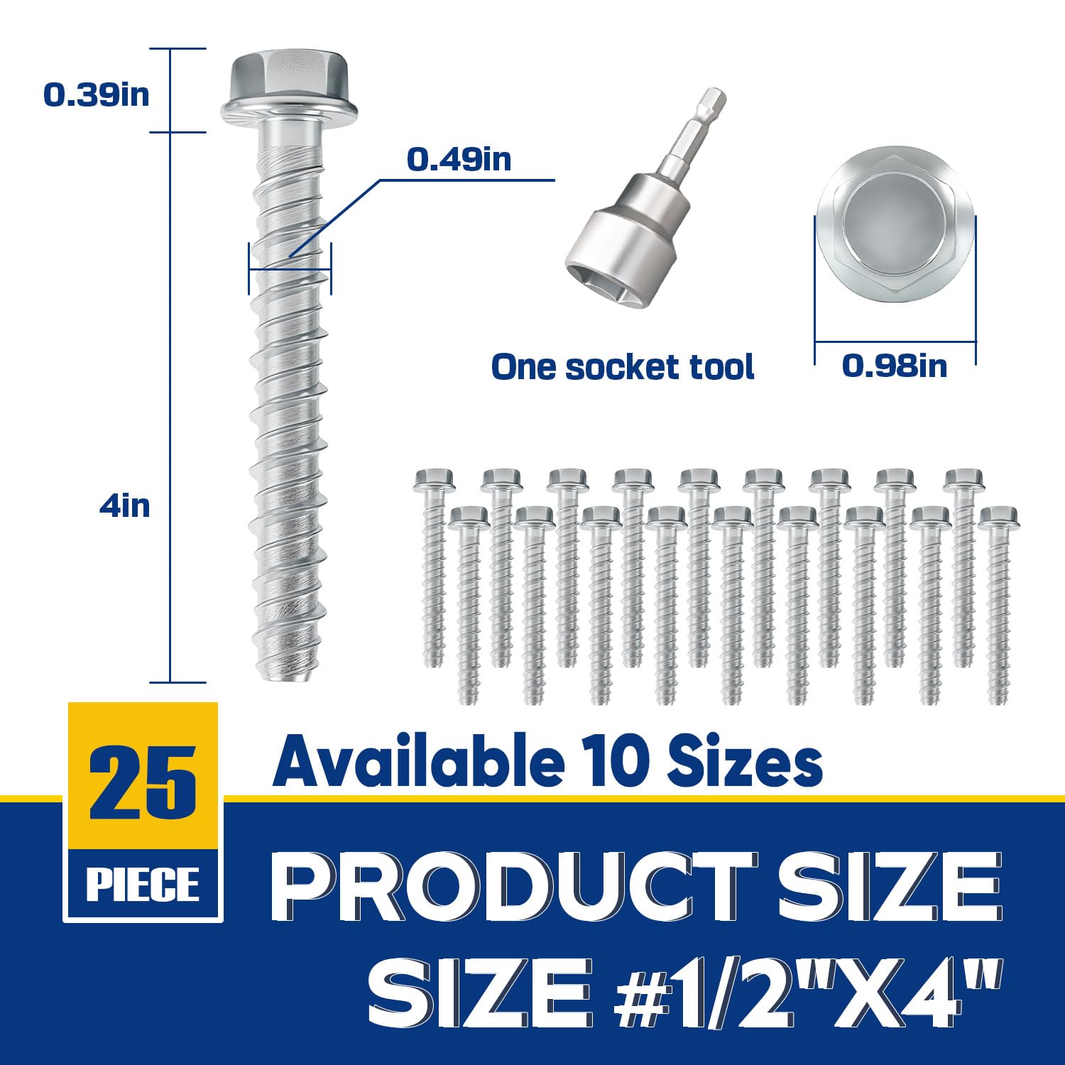 1/2" x 4" Large Diameter Concrete Screw 25 Pack - Heavy Duty Concrete Anchors, Masonry Screws for Brick, Block, Wood & Framing - Zinc Plated Hex Screws