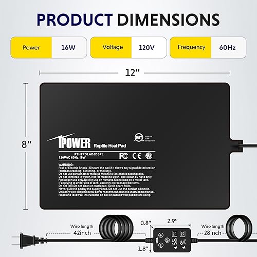 Vista 66 de iPower Almohadilla térmica para reptiles de 4 x 7 pulgadas con termostato ajustable, calentador debajo del tanque, tapete térmico para tortugas