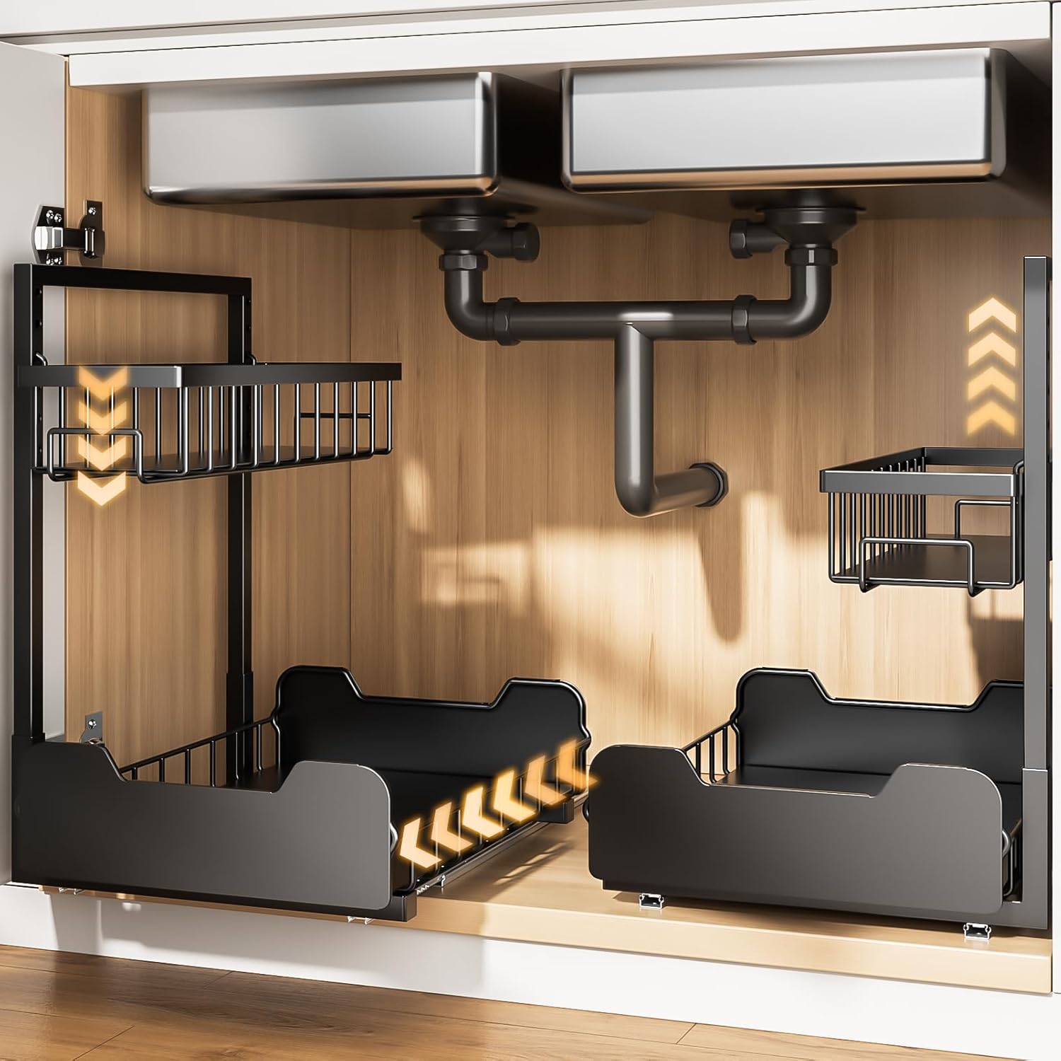 Under Sink Organizer, 2-Tier L-Shaped Pull Out Cabinet Shelf with 2 Installation Methods, Adjustable Sliding Storage Drawer for Kitchen, Bathroom, Laundry, Metal, Black