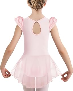 Girls Ruffle Sleeve Ballet Leotard with Mesh Hi-Low Skirt Dance Dresses, Water-drop Hollow Back