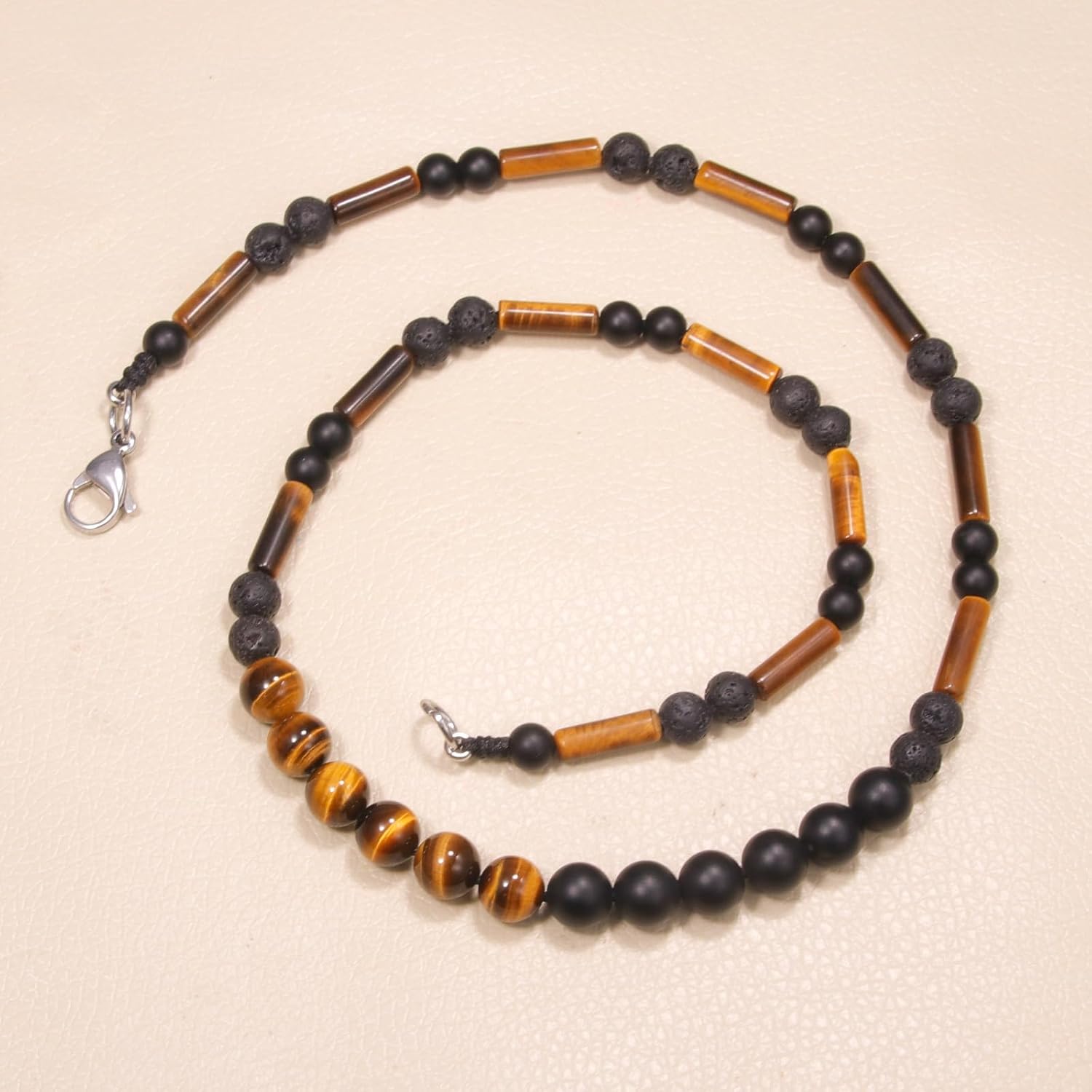 Tigers Eye Beads Necklace Men - Healing Stone Black Onyx Lava Rock Beads Necklace, Triple Protection Beaded Necklaces Jewelry Gifts for Men