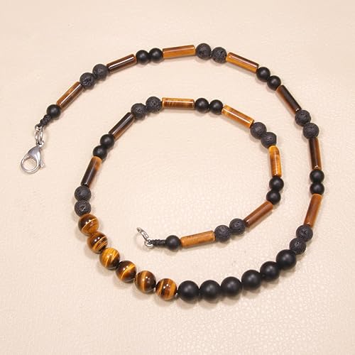 Vista 5 de Protection Tigers Eye Beaded Necklace for Men - Mens Black Onyx Lava Rock Beads Necklace for Essential Oil Diffuser, Natural Stone Beads Necklaces
