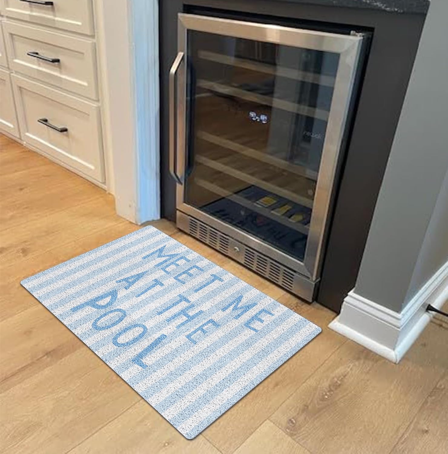 Blue Striped Preppy Beach Door Mat, Meet Me at The Pool Doormat Bathmat for Home Bathroom Indoor Outdoor Entrance Porch, Coastal Nautical Welcome Mats for Front Door Entryway, 17x30 Inches