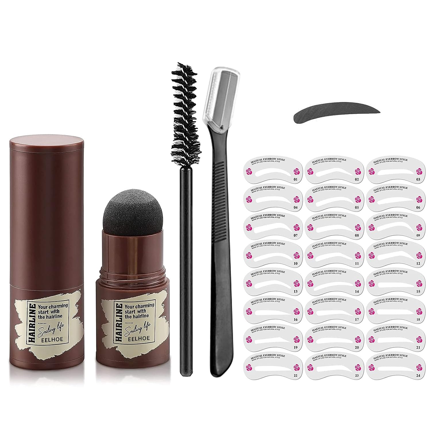 One Step Eyebrow Stamp Shaping Kit, Professional Brow Powder Stamp Makeup with 24 Reusable Eyebrow Stencils, Eyebrow Pen Brush and Eyebrow Trimmer Eyebrow Makeup Tools (Dark Gray)
