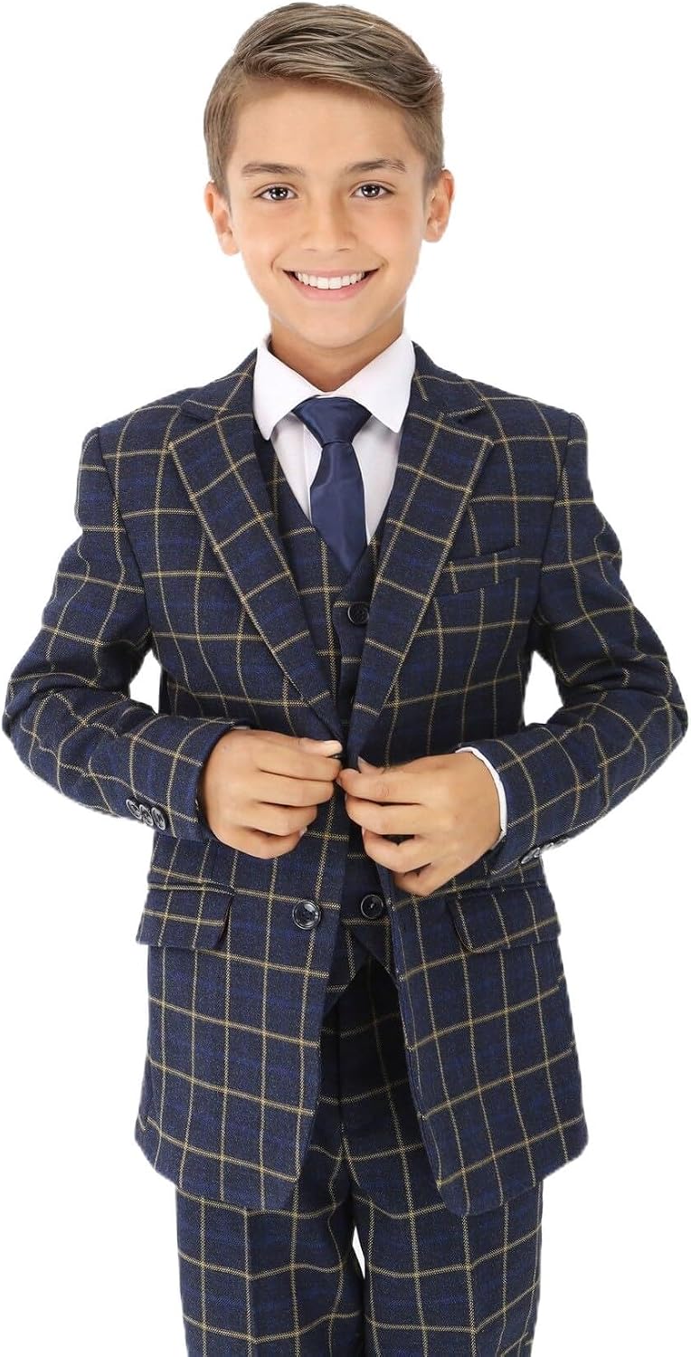 Boys Navy Blue Formal Check Suit - Elegant Outfit for Weddings and Special Events