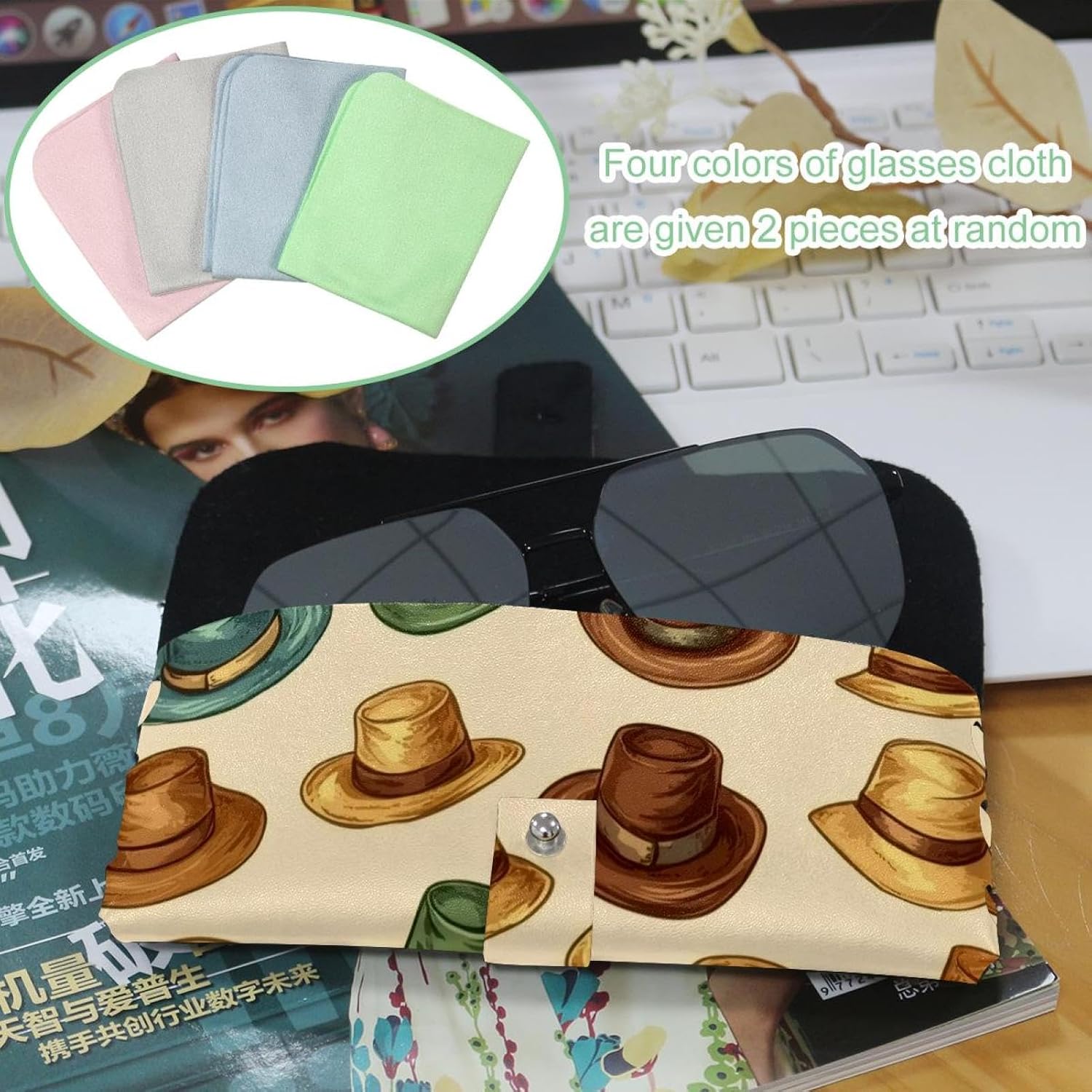 Soft Glasses Eyeglass Case West Cowboy Hats Beige Background Portable Leather Sunglasses Case Horizontal Eyeglass Holder for Women Men