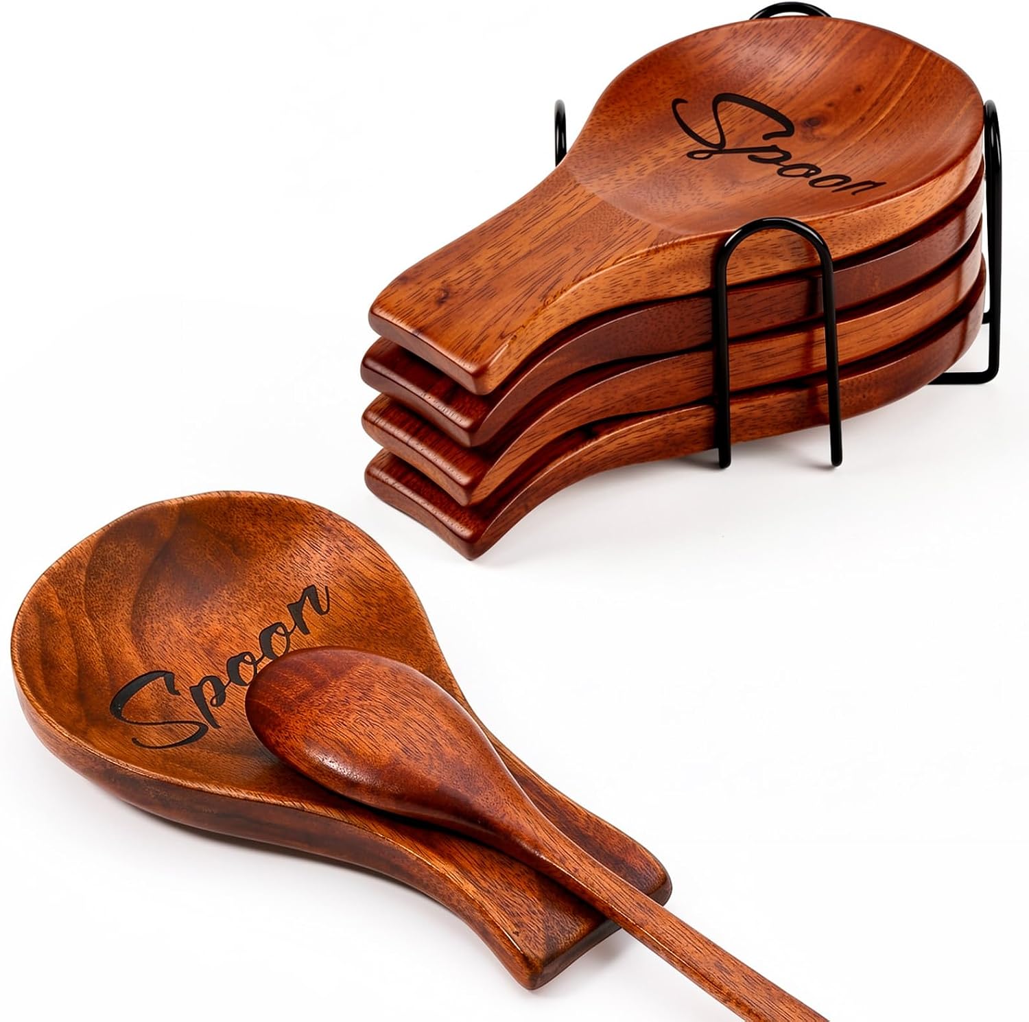4 Pcs Wood Spoon Rest for Stove Top with Coaster Holder Wooden Spoon Holder Black Metal Storage for Spatula Ladles Tong Cooking Accessories Housewarming Gifts Modern Farmhouse Table Decor