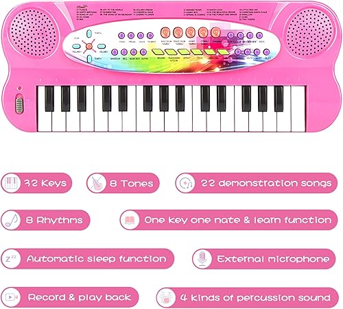 Vista 9 de Raimy Mini piano de teclado para niños, piano portátil de 32 teclas, aprendizaje temprano, teclado electrónico de música, instrumento de instrumento