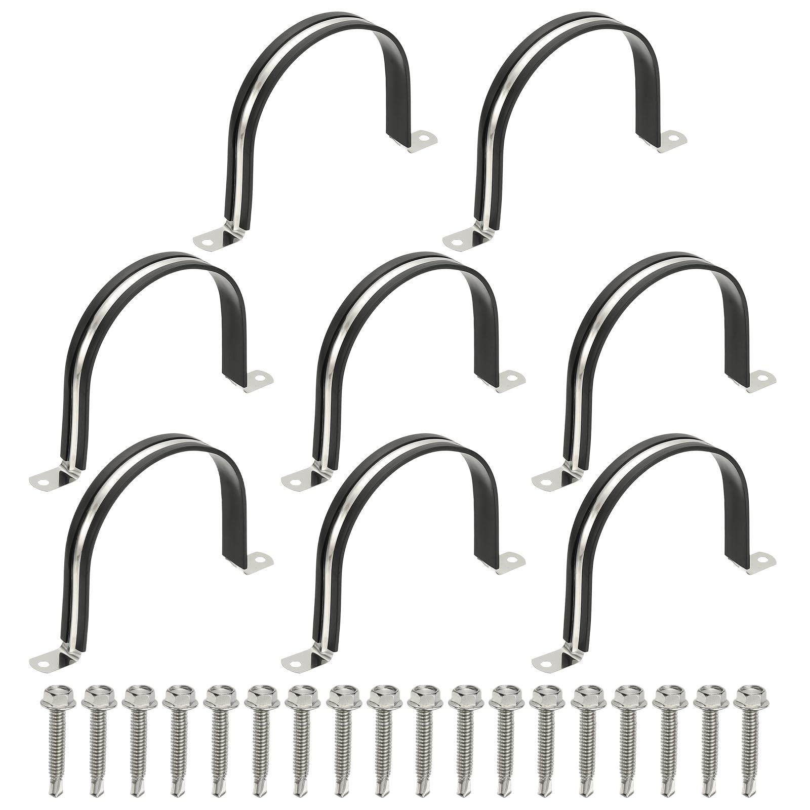 PATIKIL 8Pcs Pipe Clamps, 4-1/4 Inch 304 Stainless Steel Rubber Cushioned U Bracket Conduit Clamps Pipe Strap Wire Clips with Hexagonal Screw for Tube Hose Cord Installation, 108mm
