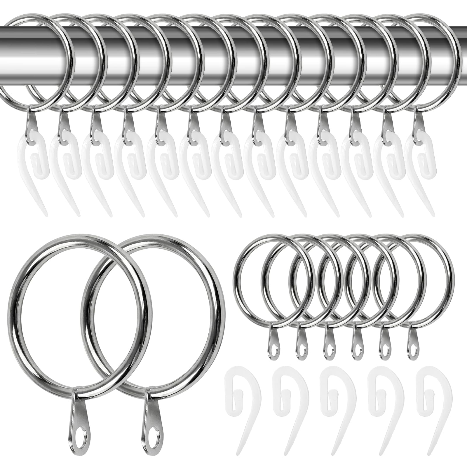 Nureeca Metal Curtain Rings and Hooks Set of 50 Pcs, 32mm Inner Diameter Silver Curtain Rings with Plastic Hooks, Rustproof Glossy Finish for Shower/Window/Drapes, Rods Up to 30mm