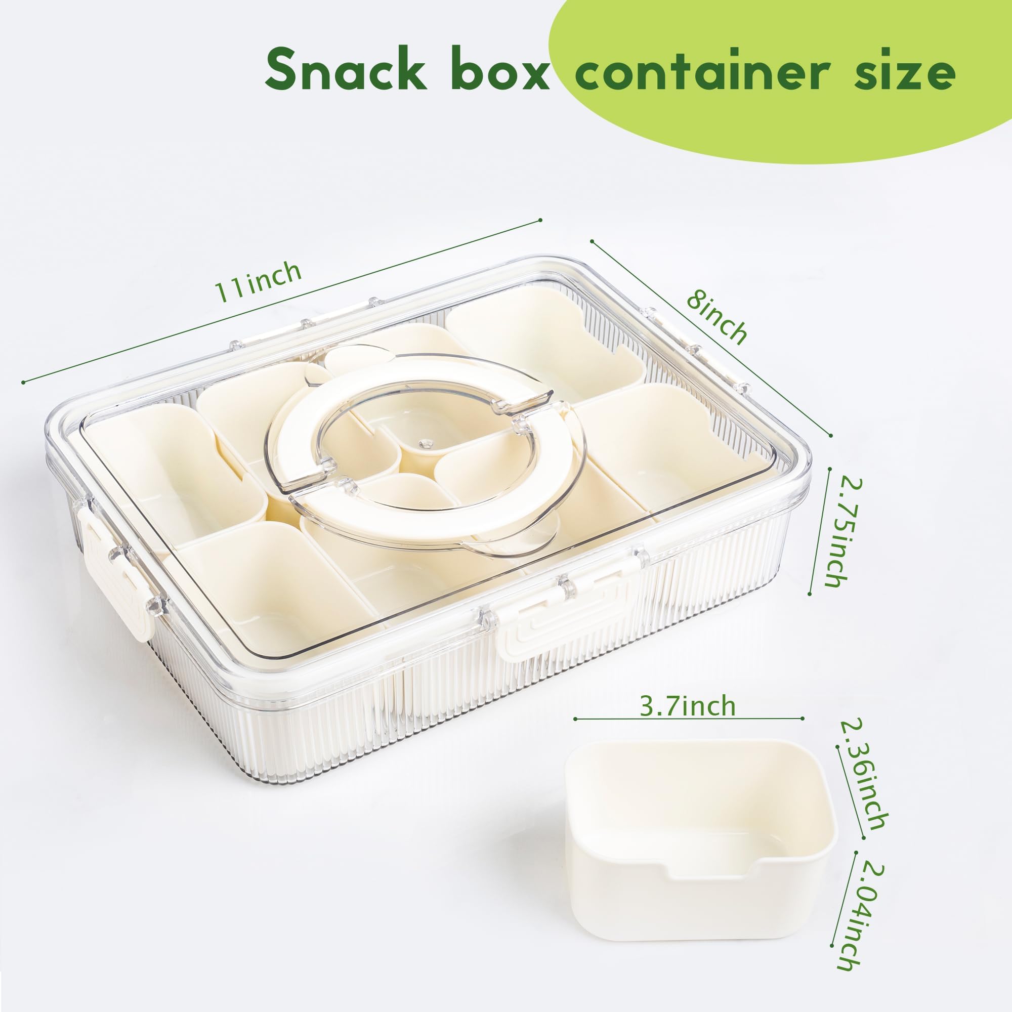 Patent Design Ribbed Snackle Box Container Snack Container Divided Serving Tray with Lid and Handle, 8 Divider Portable Snacklebox for Travel Beach for Charcuterie Veggie Fruit 2 Pack