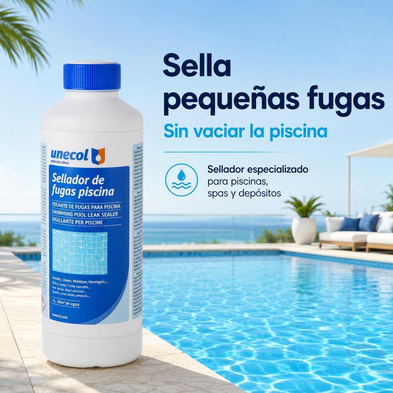Unecol - Sigillante per perdite Piscina Unecol 1L - Ripara crepe e filtrazioni senza vuoto, adatto per Gresite, Liner, PVC, Calcestruzzo - Acqua dolce o salata