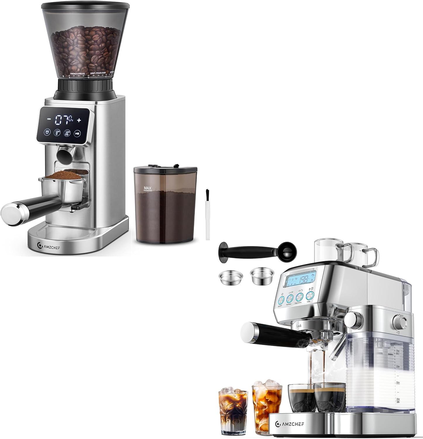 AMZCHEF Espresso Machine & Burr Grinder Combo, 20 Bar with Automatic Milk Frother, 48 Precise Grind Settings, LCD Displays, Anti- Static, Compact for Home/Office, Silver
