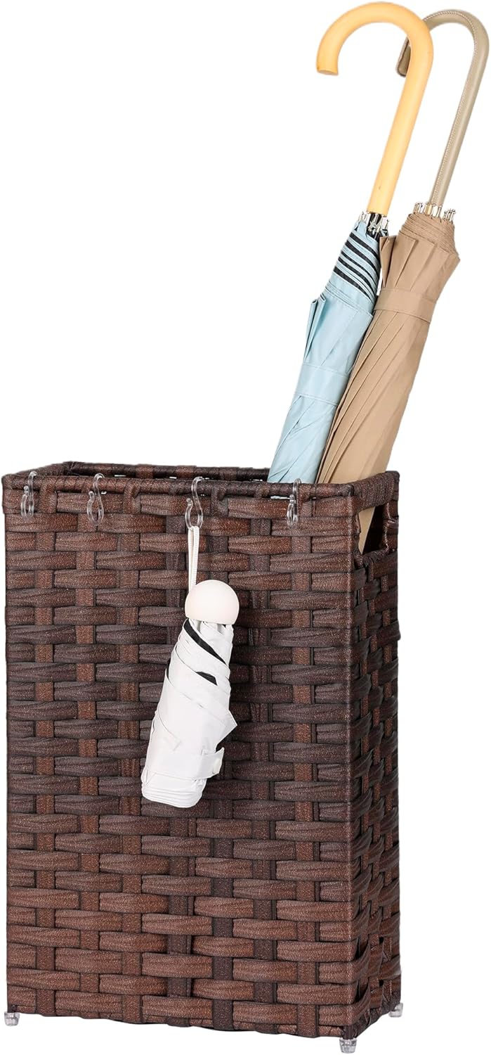 Rattan Umbrella Stand, Umbrella Holder for Entryway, Hand Woven Umbrella Rack Organizer Freestanding, with a Detachable Drip Tray, 4 Hooks, 6.5" L x 6.5" W x 16.5" H, Brown