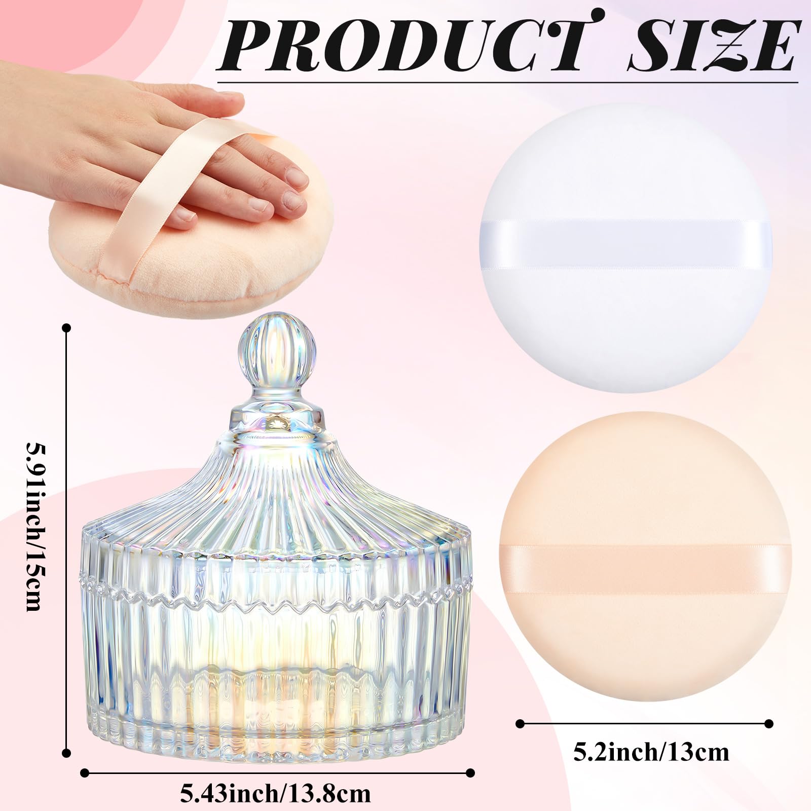 Tioncy 3 piezas extra grandes para polvo corporal y recipiente de cristal de 5.43 pulgadas con terciopelo de 5.12 pulgadas, tarro de vidrio para mujer, herramienta de maquillaje (deslumbrante)