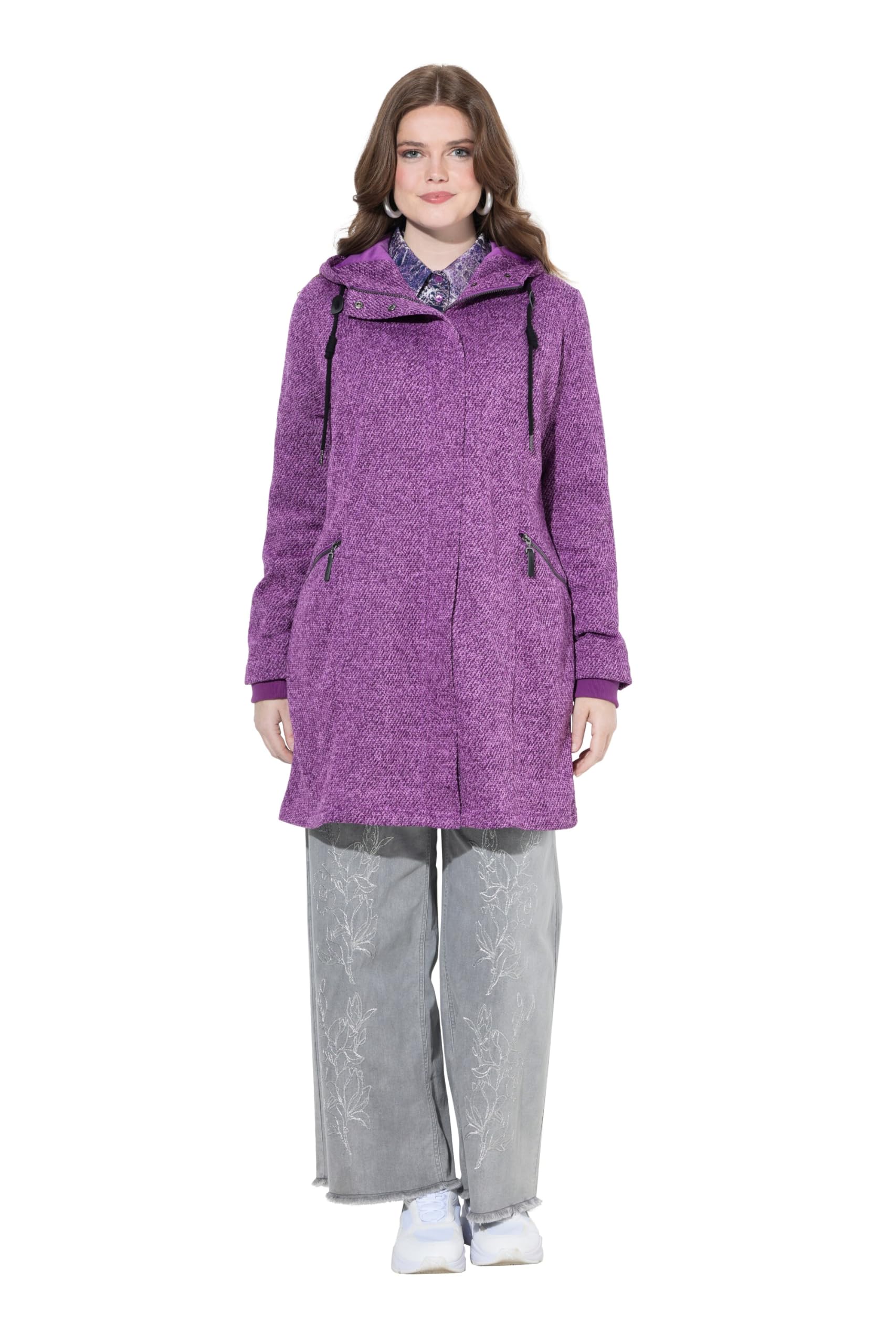 Ulla Popken Damen große Größen Übergrößen Plus Size Strickfleece-Jacke, Kapuze, 2-Wege-Zipper 831604