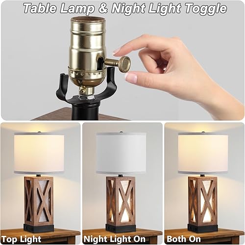 Miniatura 3 de Lámpara de mesa de madera, lámpara de mesita de noche vintage con puertos de carga USB AC, lámparas de noche de granja para sala de estar
