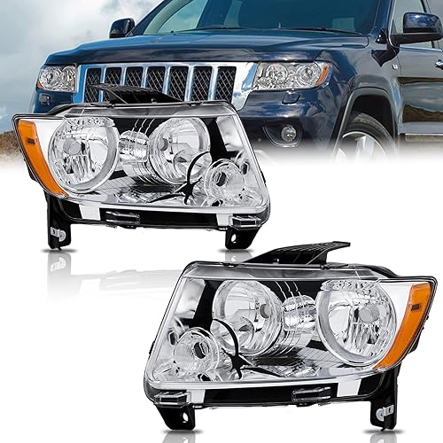 Pair Headlights Assembly Compatible with 2011 2012 2013 Jeep Grand Cherokee Headlight Replacement Driver and Passenger Side Chrome Housing/Clear Lens/Amber Reflector