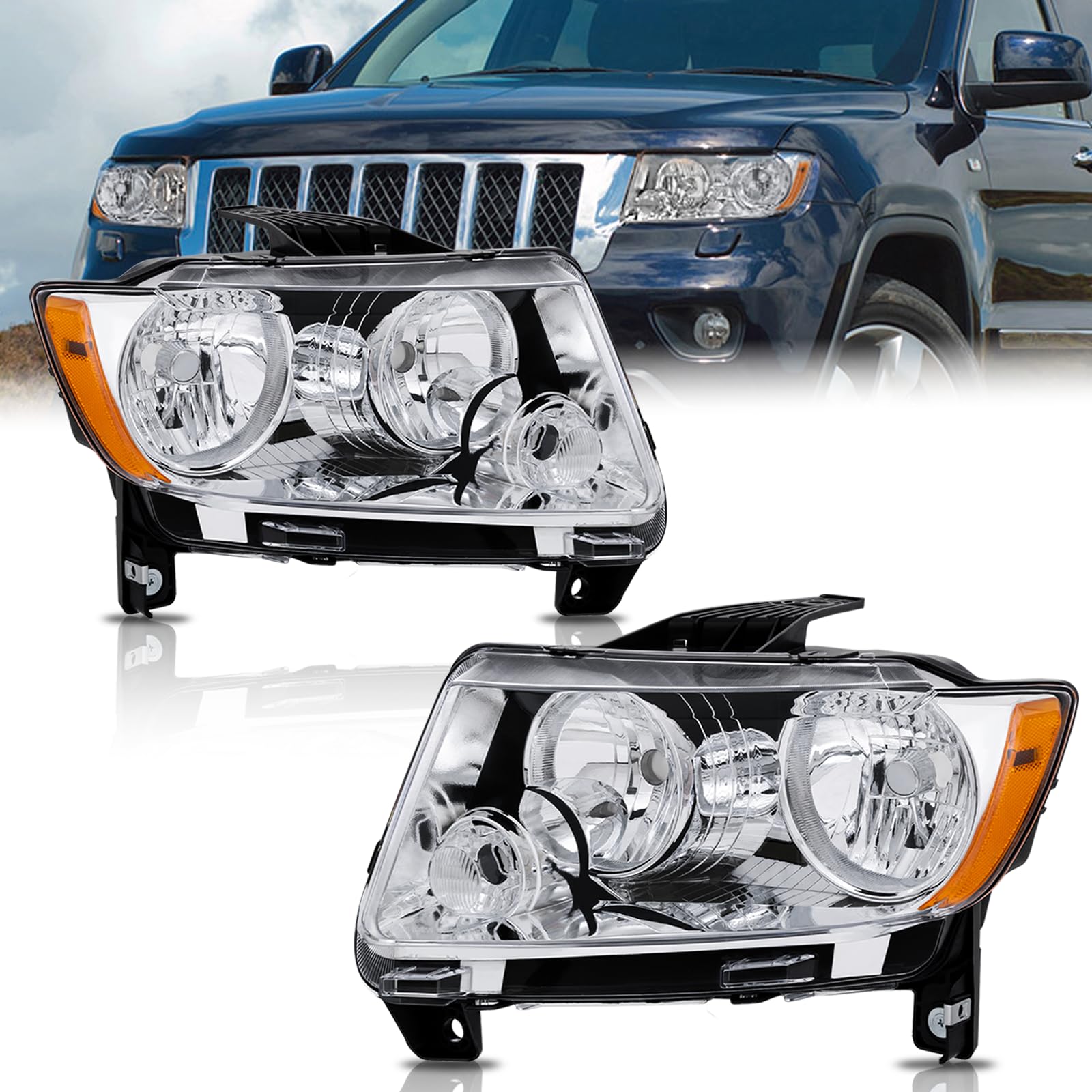 KUIPERAUTO Pair Headlights Assembly Compatible with 2011 2012 2013 Jeep Grand Cherokee Headlight Replacement Driver and Passenger Side Chrome Housing/Clear Lens/Amber Reflector