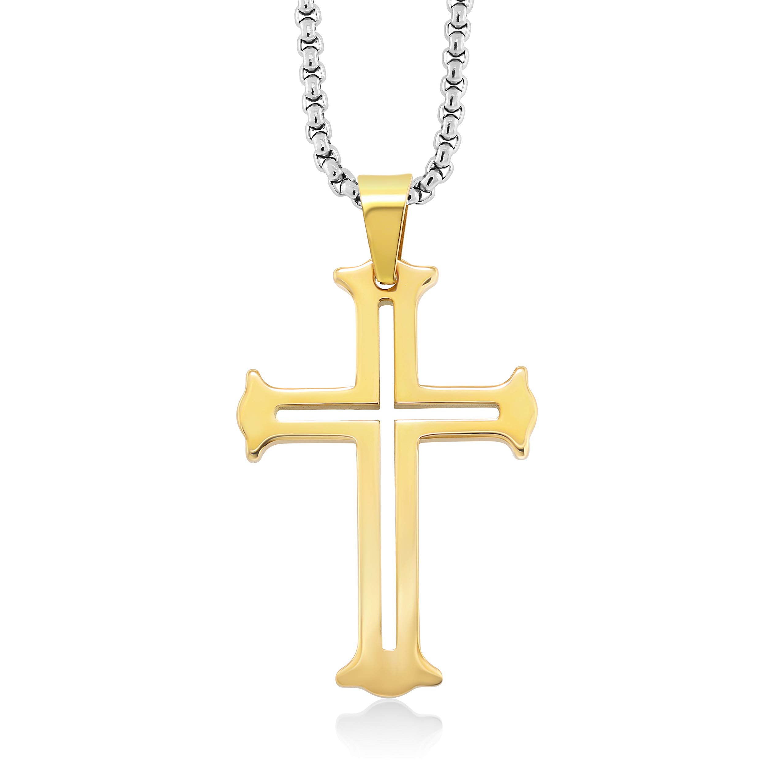 MZL JewelryMens Lightweight Scratch-proof Tungsten Carbide Cutout Cross Pendant Necklace with Gold IP Plating on 3mm Stainless Steel Box Chain