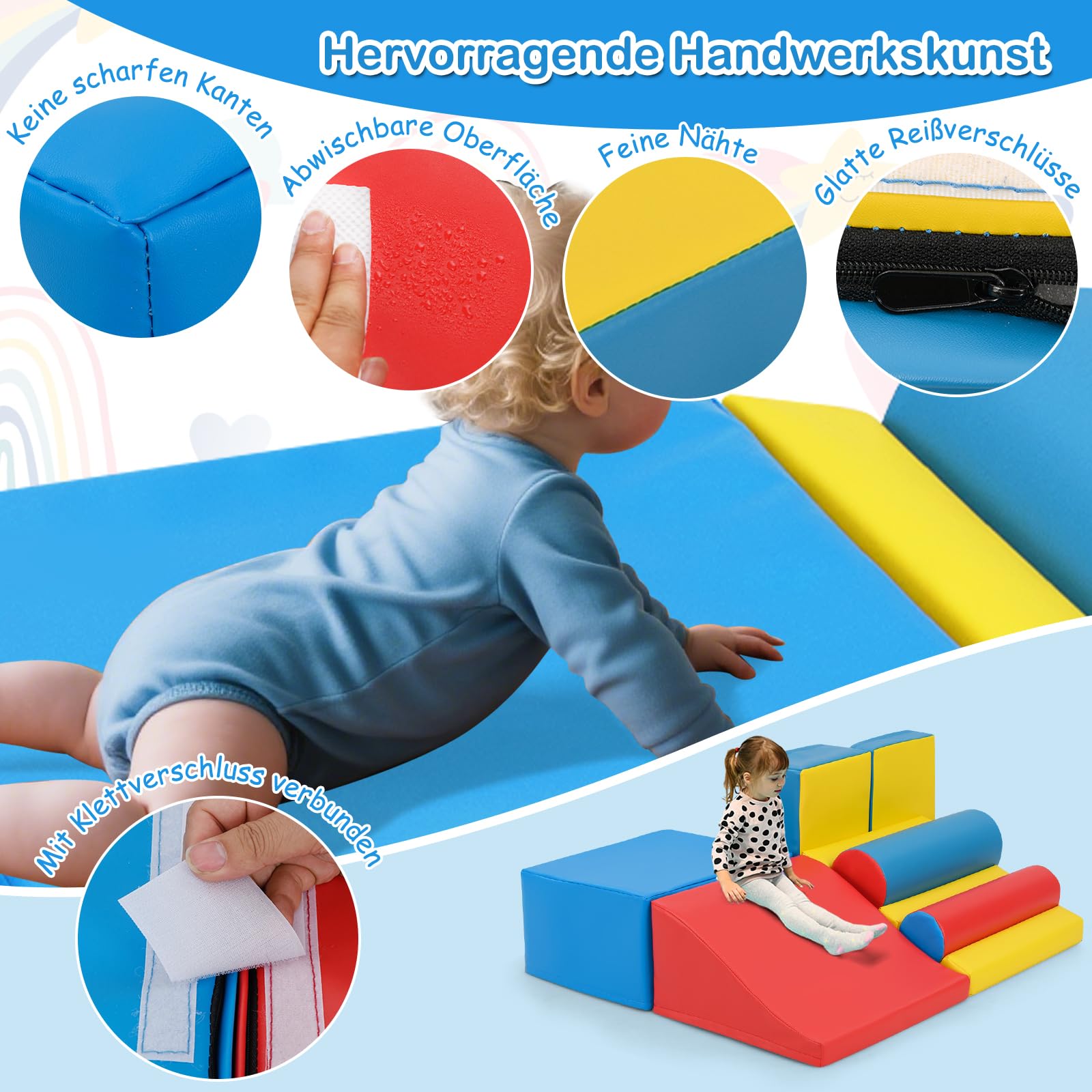DREAMADE 7 tlg. Softbausteine für Baby & Kleinkinder, Schaumstoff Bausteine mit Klettverschlüssen, Wasserfester Kunstlederbezug, Rutschfeste Basis, Kletterblöcke für Baby Indoor Klettern & Toben, Bunt