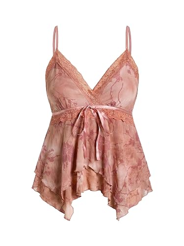 Verdusa Women's Y2K Tops Babydoll Summer Tank Tops Going Out Floral Lace Flowy Mesh Shirt Whimsical Clothes