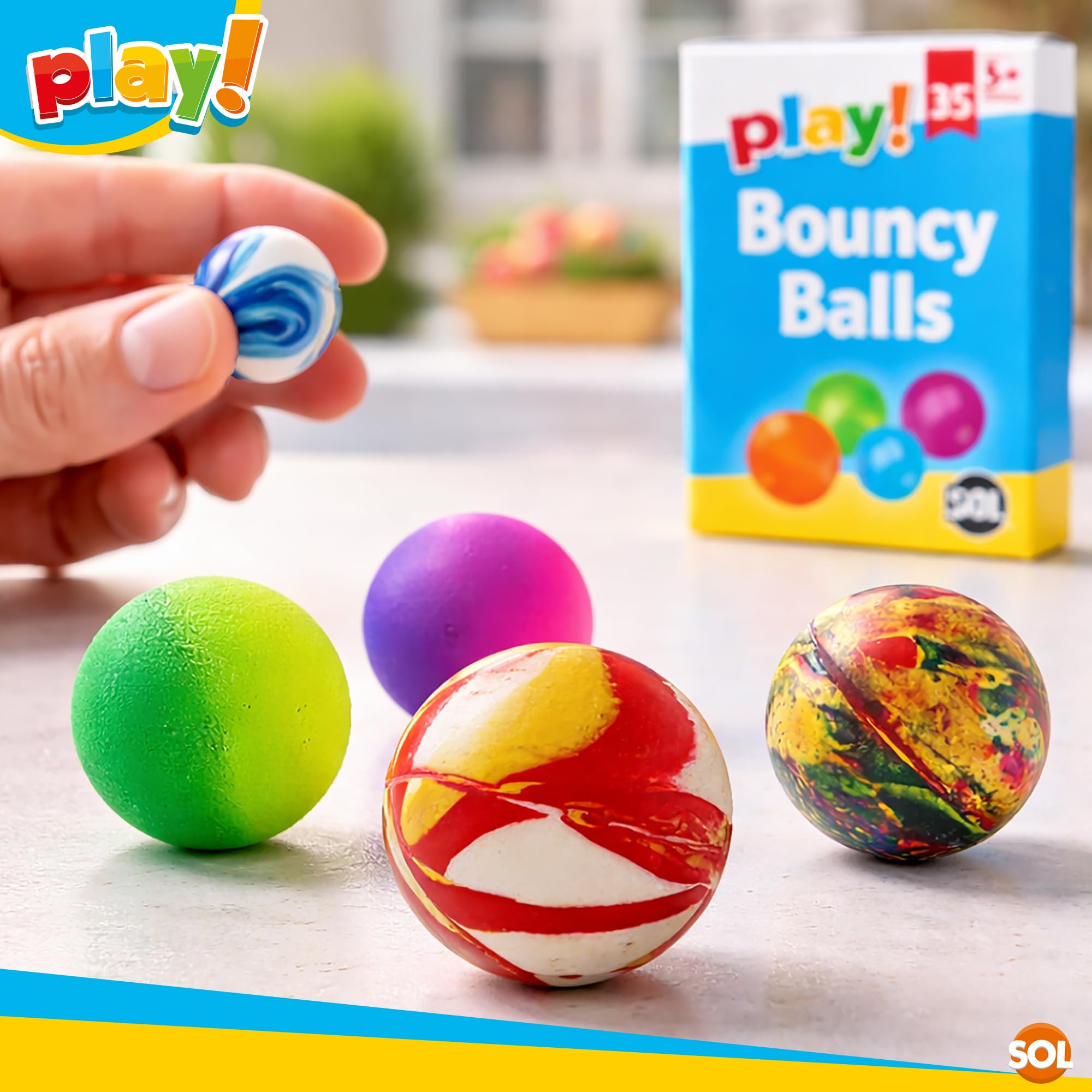 SOL 35pk Small Bouncy Balls for Kids Party Bags 22mm Rubber Ball Bag Fillers Boys Toys - High Bounce Colourful Prizes Unisex Birthday Games - Durable Fun Designs School Rewards - For Ages 5+