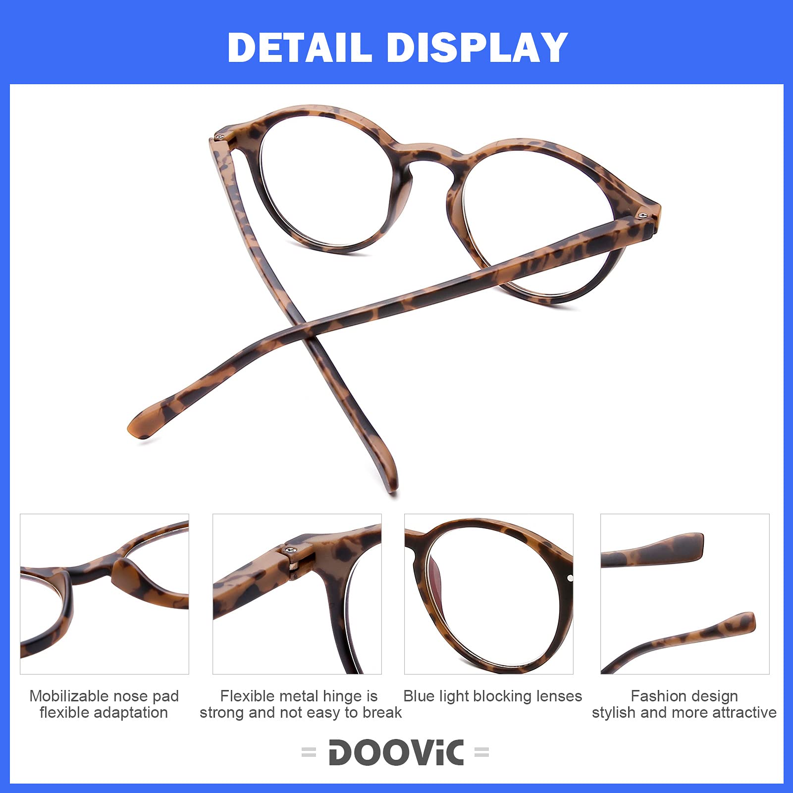 DOOViC Glasses/Eyeglasses No Magnification Blue Light Blocking Round/Tortoiseshell Frame Spring Hinge for Women/Men - Image 3