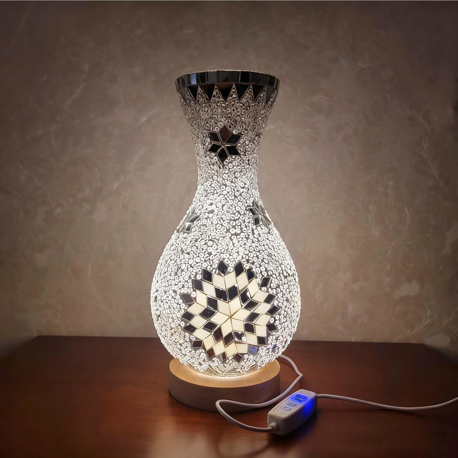 Decorative Turkish Vase Night Light Table Lamp - USB Powered Wood Base Can Hold Water for Bedside Living Room Mantel Entryway Console or Office Desk Decor Plug-in Stained Glass（5.11in*11in） — image 1