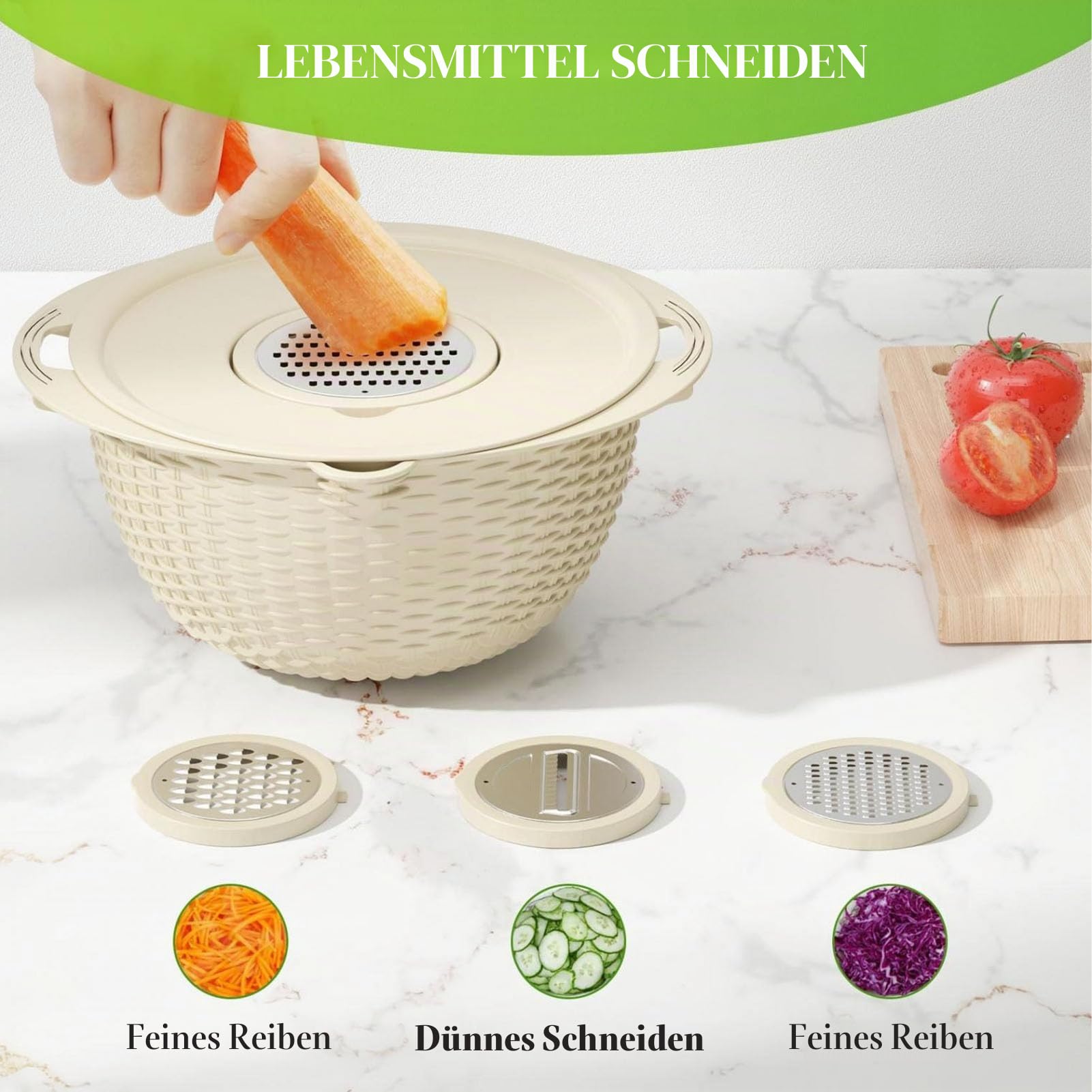 Luqeeg 4 in 1 Sieb mit Rührschüssel für die Küche, Lebensmittelsieb mit Schneidwerkzeugen, drehbares Sieb, Salatschleuder, Obstreiniger, Gemüsewaschmaschine, Home Essential