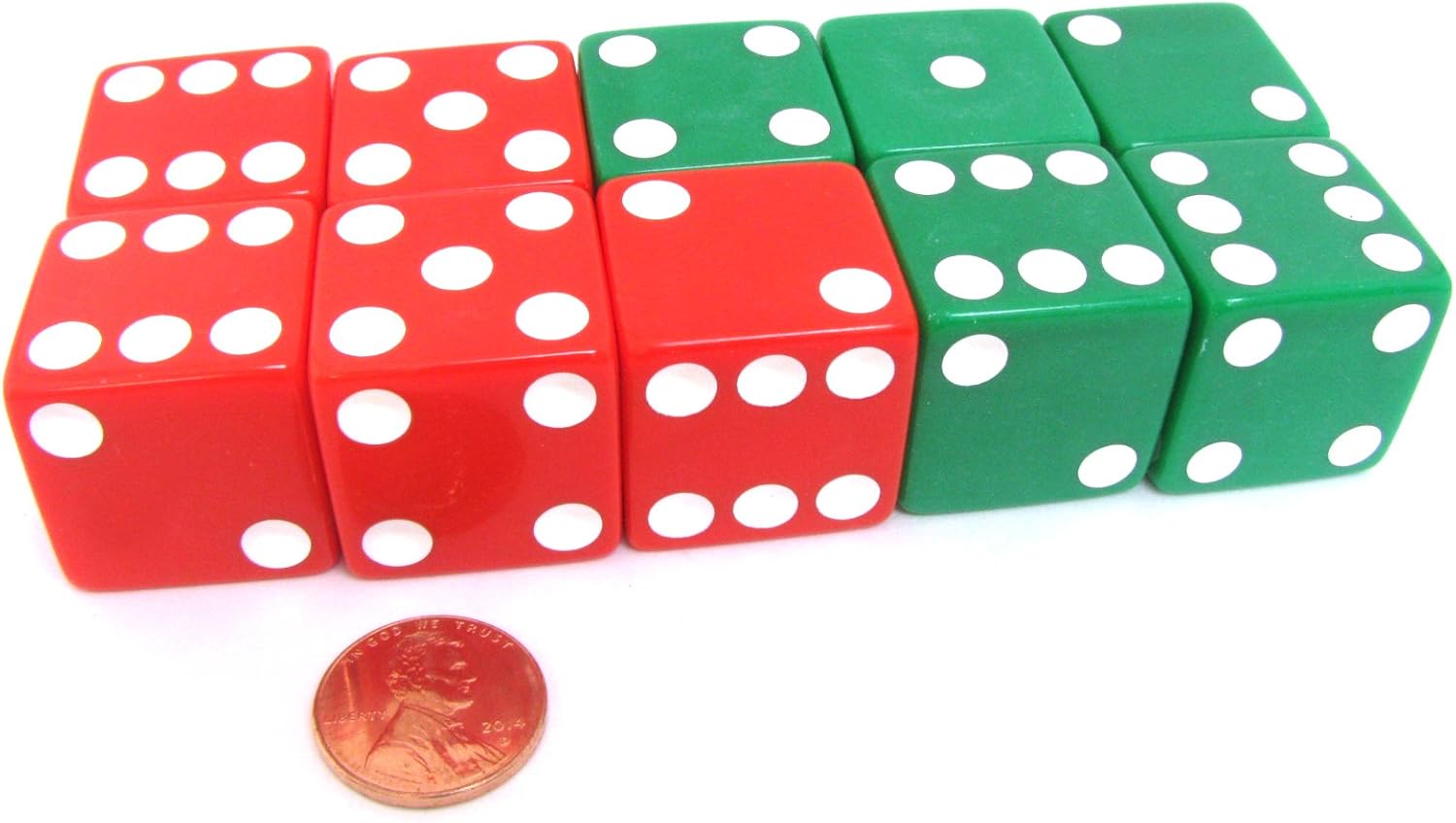 Set of 10 D6 25mm Large Opaque Jumbo Christmas Dice - 5 Each of Red and Green by Koplow Games