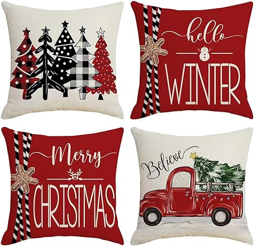 Miniatura 1 de Juego de 4 fundas de almohada de Navidad de 18 x 18 pulgadas, decoración de Navidad, árbol de Navidad, renos, fundas de cojín de casa de campo para