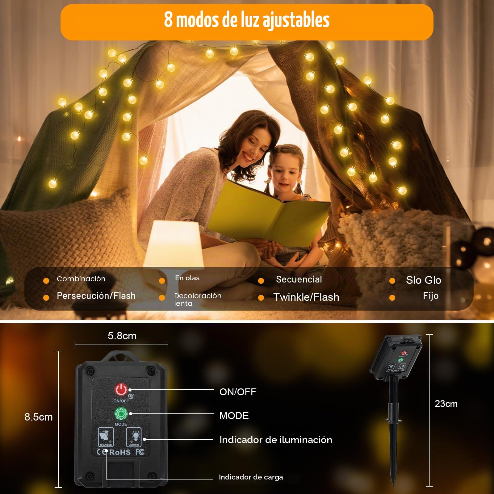 Realky Guirnaldas Luces Exterior Solar, 100 LED 18M Guirnalda Luces Solares con Función de Memoria, 8 Modos IP65 Impermeable Cadena de Luz Solar para Jardín, Patio, Navidad, Fiesta - Blanco Cálido