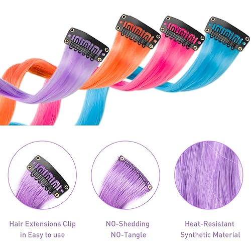 Miniatura 4 de Olldag 12 extensiones de cabello de colores para niños, rizado, ondulado, sintético, postizo con clip en arco iris neón y reflejos, accesorios de